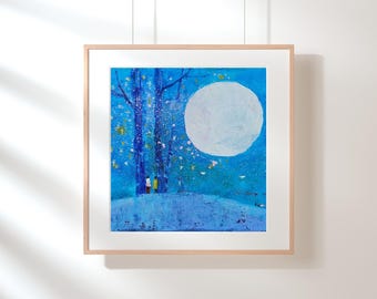 Original Vollmond Nacht Ölgemälde: Moderne impressionistische Landschaft (45x40 cm)
