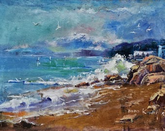 Pintura al óleo original de paisaje marino sobre lienzo, impresionismo costero