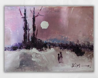 Original Impressionist Oil Painting, Snowy Twilight Landscape with Moon, 6x8 inches
