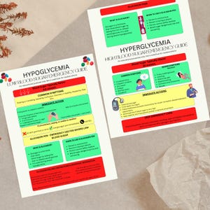 Pode incluir: Dois guias educacionais em papel branco com detalhes em vermelho, verde e amarelo. Um guia detalha a hipoglicemia, o outro a hiperglicemia. Ambos os guias fornecem informações sobre sintomas, ações imediatas e cuidados de emergência.
