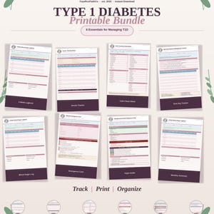 May include: A Type 1 Diabetes Printable Bundle with 6 essentials for managing T1D. The bundle includes logbooks, trackers, and guides for blood sugar, insulin, carbs, and emergencies. The documents are designed to track, print, and organize diabetes management. The image also includes the text "FayeRoxFaithCo".