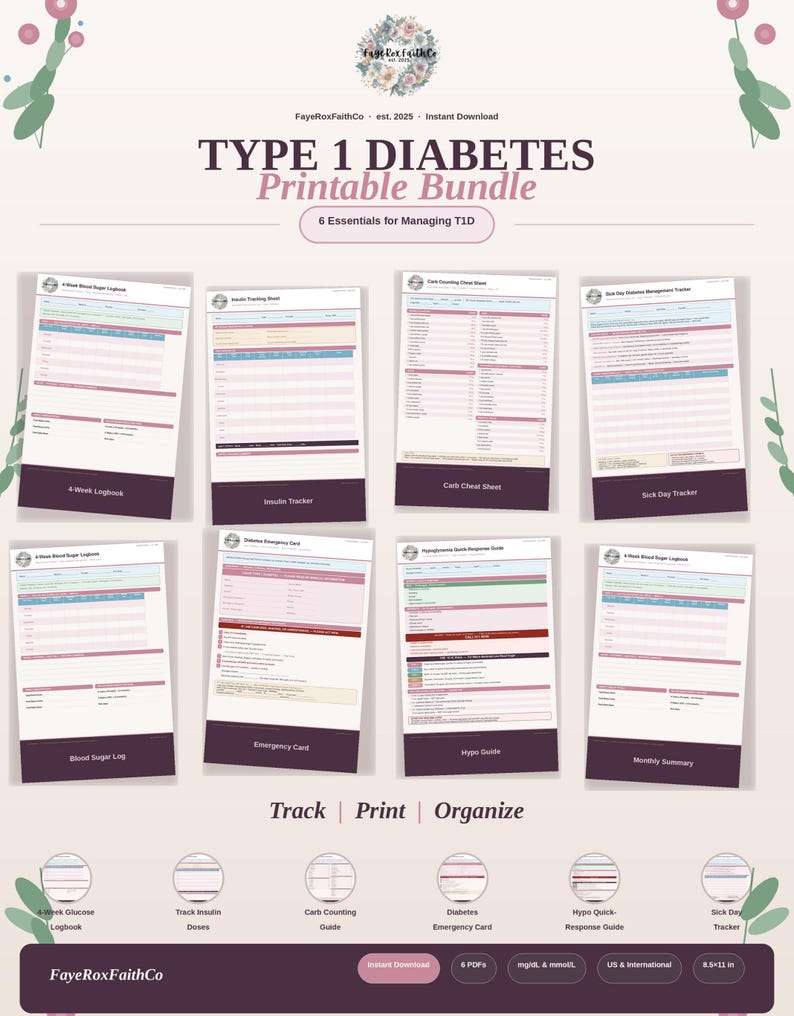 Type 1 Diabetes Printable Bundle | T1D Log Insulin Tracker Carb Count ...