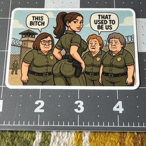 May include: A rectangular sticker featuring a cartoon illustration of four women in green uniforms. One woman stands confidently, while three others appear disgruntled. Text bubbles read "THIS BITCH" and "THAT USED TO BE US."
