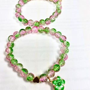 Pink and Green Crackle Glass Bracelet Set with 14k Heart, Personalized Name Option
