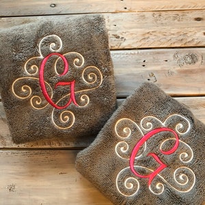 Elegant Scroll Monogram Towel, Embroidered Monogram Fingertip Towel