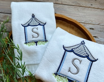 Chinoiserie Frame Monogrammed Hand Towel,  Personalized Fingertip and Hand  Towel, Chinoiserie Personalized Hand Towel