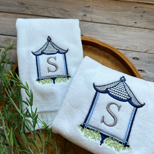 Chinoiserie Frame Monogrammed Hand Towel,  Personalized Fingertip and Hand  Towel, Chinoiserie Personalized Hand Towel