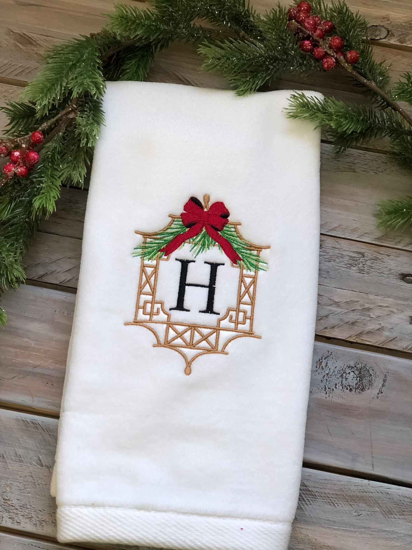 Christmas Frame Monogrammed Hand Towel, Christmas Hand Towel, Chinoiserie Christmas Personalized Hand Towel - White, Hand Towel