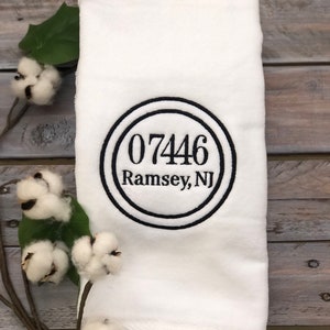 Farmhouse Style Personalized Hand Towel, Embroidered Personalized Towel, Zip Code/Town Hand Towel