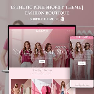 Könnte beinhalten: Ein pinkfarbenes Shopify-Theme für eine Modeboutique, das auf einem Laptop und Smartphone angezeigt wird. Der Laptop-Bildschirm zeigt die Homepage der Website mit dem Text "Your Style, Your Story". Das Smartphone zeigt das gleiche Website-Design.