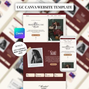 Canva Website Template UGC Creator Burgundy Wine Aesthetic One Page Portfolio Website Feminine Luxury Rose Gold Blush Instant Download