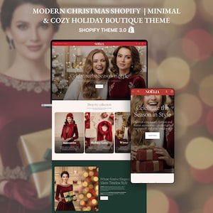 Könnte beinhalten: Digitales Mockup einer E-Commerce-Website zum Thema Feiertage auf einem Laptop und Smartphone. Die Website hat ein rot-grünes Farbschema mit Bildern von Frauen und Weihnachtsgeschenken. Der Text enthält "MODERN CHRISTMAS SHOPIFY" und "Celebrate the Season in Style."