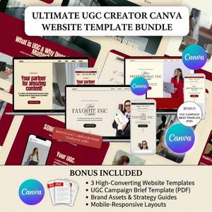 Könnte beinhalten: Ein digitales Produktpaket mit Website-Vorlagen für UGC-Ersteller. Das Bild zeigt Mockups von Websites auf Laptops, Tablets und Smartphones. Der Text enthält "ULTIMATE UGC CREATOR CANVA WEBSITE TEMPLATE BUNDLE" und "Your partner for amazing content!"