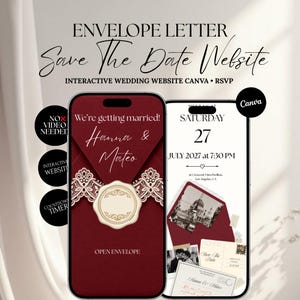Könnte beinhalten: Zwei Smartphones zeigen eine digitale Hochzeitseinladung. Der linke Bildschirm zeigt einen dunkelroten Umschlag mit Spitzenbesatz und einem Wachssiegel. Der rechte Bildschirm zeigt Veranstaltungsdetails, Samstag, 27. Juli 2027, um 19:30 Uhr.