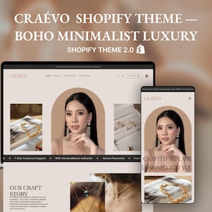 Könnte beinhalten: Ein Laptop und ein Smartphone zeigen eine Website mit dem Text "CRAÉVO SHOPIFY THEME - BOHO MINIMALIST LUXURY". Die Website präsentiert Schmuck mit Bildern von Halsketten, Armbändern und Ringen. Das Design ist minimalistisch mit einer neutralen Farbpalette.