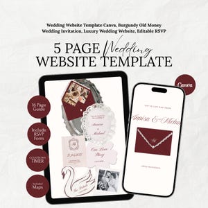 Wedding Website Template, Burgundy Wedding Canva Invitation, Old Money Lace, Luxury Wedding Website, Editable RSVP