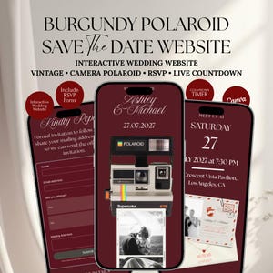 Könnte beinhalten: Eine digitale Save-the-Date-Website-Vorlage in Burgunderrot, dargestellt auf drei Smartphones. Das Design zeigt eine Grafik einer Vintage-Polaroid-Kamera, die Namen Ashley und Michael, das Datum 27.07.2027, ein RSVP-Formular und Veranstaltungsdetails.