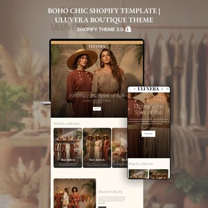 May include: A website design for a boutique, displayed on a laptop and smartphone. The design features images of women in bohemian clothing, with text that reads "Embrace the Spirit of Bali." The website showcases clothing collections.