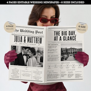 Wedding Newspaper Template, Editable Canva Wedding Invitation, 4 Page Wedding Program, Printable Newspaper Invite, Instant Download