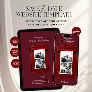 Könnte beinhalten: Eine digitale Save the Date Website-Vorlage für Canva, dargestellt auf einem Tablet und Smartphone. Das Design zeigt einen dunkelroten Hintergrund, eine Briefkasten-Grafik mit schwarz-weißen Hochzeitsfotos und den Text Ashley & Michael mit 27.07.2027.