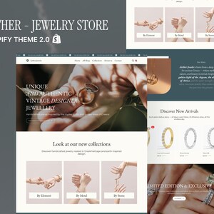 Könnte beinhalten: Webdesign für Aether Jewelry Store, mit einzigartigem und authentischem Vintage-Designerschmuck. Die Website zeigt Kollektionen nach Element, Metall und Stein, mit Fokus auf handgefertigte Stücke.
