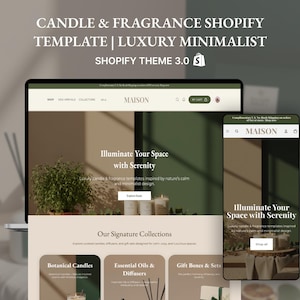 Könnte beinhalten: Ein Shopify-Website-Template für Kerzen und Düfte, dargestellt auf einem Laptop und einem Smartphone. Das Design ist minimalistisch, mit dem Wort "MAISON" und dem Slogan "Illuminate Your Space with Serenity".