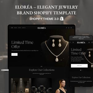 Könnte beinhalten: Webdesign für die elegante Schmuckmarke Eloréa, dargestellt auf Laptop und Smartphone. Das Design hat einen schwarzen Hintergrund mit weißem Text, der Schmuck und ein "Zeitlich begrenztes Angebot" zeigt. Das Shopify-Theme ist Version 3.0.