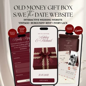 Könnte beinhalten: Drei Smartphones zeigen eine interaktive Hochzeitswebsite-Vorlage mit einer burgunderroten Geschenkbox mit elfenbeinfarbener Spitze, RSVP-Formularen, einem Countdown-Timer und dem Text Ashley & Michael, Old Money Gift Box, Save The Date Website und Canva.