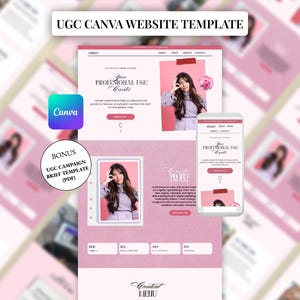Könnte beinhalten: Ein rosa-weißes Website-Vorlagendesign mit dem Text "UGC CANVA WEBSITE TEMPLATE" oben. Das Design umfasst ein Canva-Logo, eine Bonus-UGC-Kampagnen-Briefvorlage und ein Handy-Mockup.