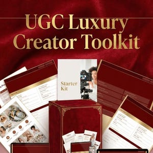 Könnte beinhalten: Werbebild mit dem Text "UGC Luxury Creator Toolkit" in Goldbuchstaben auf tiefrotem Hintergrund. Das Toolkit enthält ein "Starter Kit"-Broschüre, Dokumente und eine rote Box mit goldenen Akzenten. Eine Person ist im Hintergrund zu sehen.