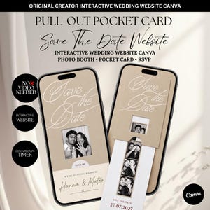 Könnte beinhalten: Zwei Smartphones zeigen eine digitale Hochzeitsvorlage. Die Bildschirme haben einen beigen Hintergrund, eine elegante Schreibschrift mit Save The Date und ein ausziehbares Kartendesign mit Fotostreifen eines Paares. Text umfasst Hanna & Mateo und 27.07.2027.