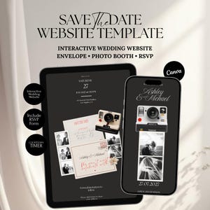 Könnte beinhalten: Eine digitale Save The Date Website-Vorlage für Canva, dargestellt auf einem Tablet und Smartphone. Das Design zeigt einen dunklen Hintergrund mit einer Vintage-Kameragrafik, Hochzeitsfotos und dem Text Ashley & Michael. Enthält interaktive Elemente wie ein RSVP-Formular, einen Umschlag, eine Fotobox und einen Countdown-Timer für die Hochzeitsplanung.