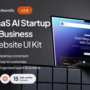 Könnte beinhalten: Ein Laptop zeigt ein Website-UI-Kit für SaaS-KI-Startups und -Unternehmen. Das Kit umfasst Desktop-Einschränkungen, einfache Anpassung und organisierte Ebenen und Bildschirme. Der Bildschirm zeigt "Cool Ways to Connect with Customers."