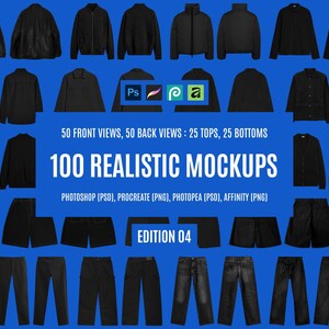 Könnte beinhalten: Eine digitale Sammlung von 100 realistischen schwarzen Kleidungs-Mockups mit 50 Vorder- und 50 Rückansichten, darunter 25 Oberteile und 25 Unterteile. Der Text lautet 50 FRONT VIEWS, 50 BACK VIEWS : 25 TOPS, 25 BOTTOMS, 100 REALISTIC MOCKUPS, EDITION 04.