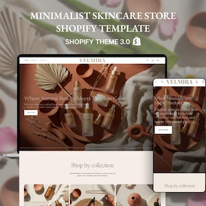 Könnte beinhalten: Ein Website-Mockup für einen minimalistischen Hautpflegeshop, angezeigt auf einem Laptop und Smartphone. Die Website zeigt den Text "VELMIRA" und "Where Natural Beauty Meets Timeless Calm". Das Design umfasst Hautpflegeproduktflaschen und eine neutrale Farbpalette.