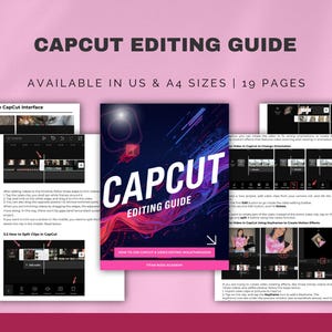 Puede incluir: Un fondo rosa con un libro de la Gu&iacute;a de edici&oacute;n de CapCut y varias p&aacute;ginas abiertas con capturas de pantalla. La portada de la gu&iacute;a es azul oscuro con el t&iacute;tulo "CAPCUT EDITING GUIDE" en blanco y rojo. La gu&iacute;a est&aacute; disponible en tama&ntilde;os US y A4.