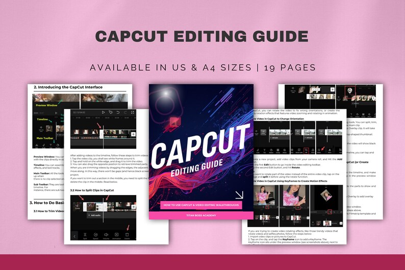 Puede incluir: Un fondo rosa con un libro de la Gu&iacute;a de edici&oacute;n de CapCut y varias p&aacute;ginas abiertas con capturas de pantalla. La portada de la gu&iacute;a es azul oscuro con el t&iacute;tulo "CAPCUT EDITING GUIDE" en blanco y rojo. La gu&iacute;a est&aacute; disponible en tama&ntilde;os US y A4.
