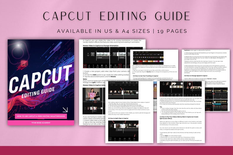 Puede incluir: Una gu&iacute;a de edici&oacute;n de CapCut con una portada rosa y azul, titulada "CAPCUT EDITING GUIDE". Disponible en tama&ntilde;os US y A4, contiene 19 p&aacute;ginas. La gu&iacute;a incluye capturas de pantalla e instrucciones.