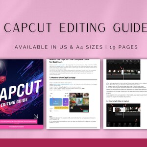 Puede incluir: Una gu&iacute;a titulada "CapCut Editing Guide" con el texto "Disponible en tama&ntilde;os US y A4 | 19 p&aacute;ginas." La gu&iacute;a tiene una portada azul oscuro y rosa con el logotipo de CapCut. La gu&iacute;a es para principiantes.