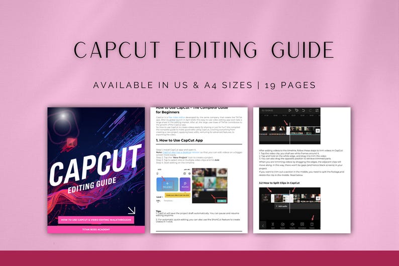 Puede incluir: Una gu&iacute;a titulada "CapCut Editing Guide" con el texto "Disponible en tama&ntilde;os US y A4 | 19 p&aacute;ginas." La gu&iacute;a tiene una portada azul oscuro y rosa con el logotipo de CapCut. La gu&iacute;a es para principiantes.