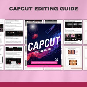 Puede incluir: Un fondo rosa con una colecci&oacute;n de folletos abiertos y una gu&iacute;a central titulada "CAPCUT EDITING GUIDE". La gu&iacute;a presenta un dise&ntilde;o azul oscuro y p&uacute;rpura con texto blanco. P&aacute;ginas adicionales muestran capturas de pantalla y texto.