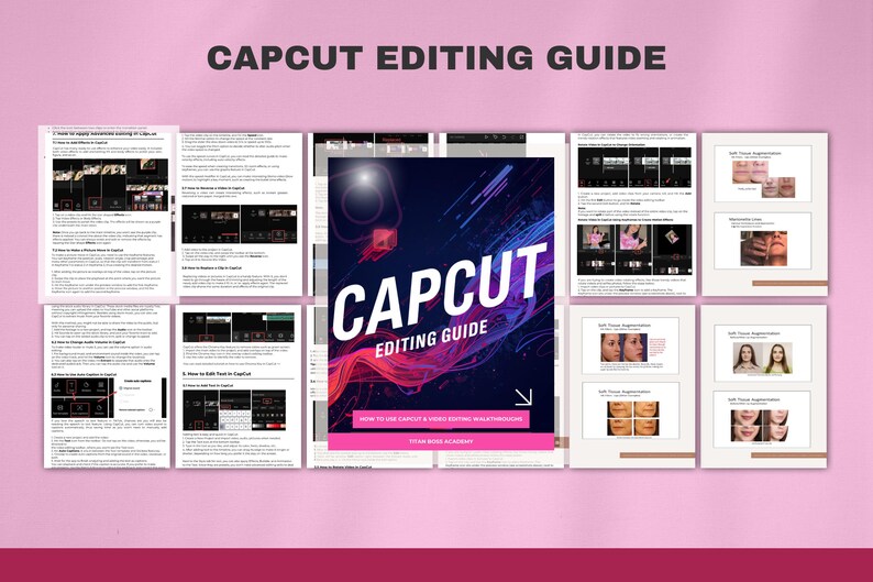 Puede incluir: Un fondo rosa con una colecci&oacute;n de folletos abiertos y una gu&iacute;a central titulada "CAPCUT EDITING GUIDE". La gu&iacute;a presenta un dise&ntilde;o azul oscuro y p&uacute;rpura con texto blanco. P&aacute;ginas adicionales muestran capturas de pantalla y texto.