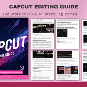 Puede incluir: Una gu&iacute;a titulada "CAPCUT EDITING GUIDE" con el texto "disponible en tama&ntilde;os US y A4 | 19 p&aacute;ginas". La portada presenta la palabra "CAPCUT" en blanco, con "EDITING GUIDE" debajo. La gu&iacute;a incluye tutoriales de edici&oacute;n de v&iacute;deo.