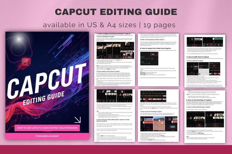 Puede incluir: Una gu&iacute;a titulada "CAPCUT EDITING GUIDE" con el texto "disponible en tama&ntilde;os US y A4 | 19 p&aacute;ginas". La portada presenta la palabra "CAPCUT" en blanco, con "EDITING GUIDE" debajo. La gu&iacute;a incluye tutoriales de edici&oacute;n de v&iacute;deo.