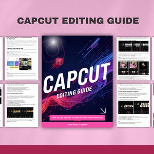 Puede incluir: Una gu&iacute;a titulada "CAPCUT EDITING GUIDE" sobre un fondo rosa. La portada muestra "CAPCUT" en blanco, con "EDITING GUIDE" debajo. La gu&iacute;a incluye capturas de pantalla y texto, con la frase "HOW TO USE CAPCUT & VIDEO EDITING WALKTHROUGHS".