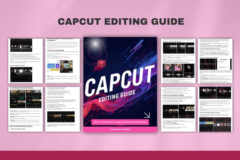 Puede incluir: Una gu&iacute;a titulada "CAPCUT EDITING GUIDE" sobre un fondo rosa. La portada muestra "CAPCUT" en blanco, con "EDITING GUIDE" debajo. La gu&iacute;a incluye capturas de pantalla y texto, con la frase "HOW TO USE CAPCUT & VIDEO EDITING WALKTHROUGHS".
