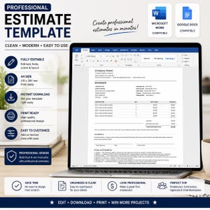 May include: A professional estimate template displayed on a laptop screen, featuring sections for company name, client details, itemized descriptions, quantities, unit prices, and totals. The document includes an acceptance area and terms and conditions.