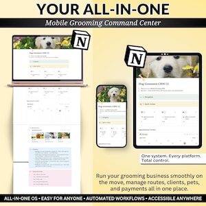 Puede incluir: Imagen promocional que muestra un centro de mando de peluquería móvil. La imagen presenta una computadora portátil, una tableta y un teléfono inteligente que muestran la interfaz del software. El texto dice "YOUR ALL-IN-ONE Mobile Grooming Command Center."