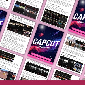 Puede incluir: Una colecci&oacute;n de gu&iacute;as impresas para la aplicaci&oacute;n de edici&oacute;n de v&iacute;deo CapCut, con el t&iacute;tulo "CAPCUT EDITING GUIDE" en letras blancas sobre un fondo degradado. Las gu&iacute;as est&aacute;n sobre una superficie rosa.