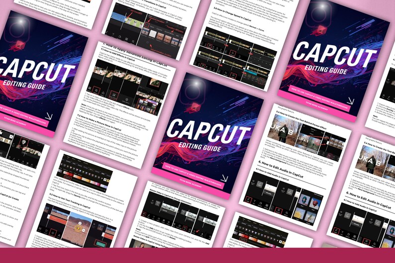 Puede incluir: Una colecci&oacute;n de gu&iacute;as impresas para la aplicaci&oacute;n de edici&oacute;n de v&iacute;deo CapCut, con el t&iacute;tulo "CAPCUT EDITING GUIDE" en letras blancas sobre un fondo degradado. Las gu&iacute;as est&aacute;n sobre una superficie rosa.